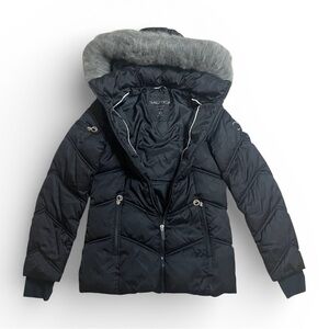 Nautica Black Water Resistant Puffer Coat with Gray Faux Fur Hood